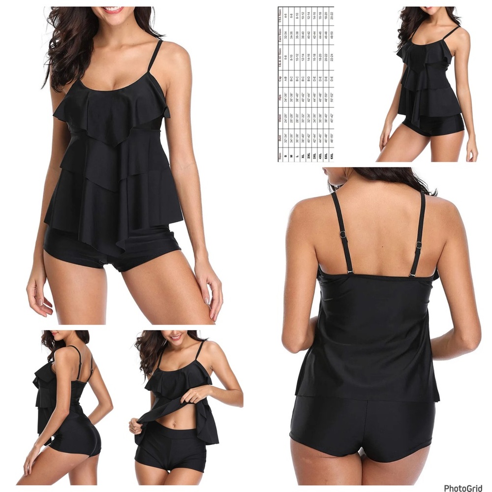Plus size 2Xl bLack tiered/boyshort two piece Tankini swimsuit NEW